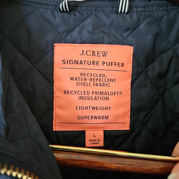 J. Crew Women's Quilted Field Jacket, Size Large Navy Hooded Primaloft - Picture 6 of 8